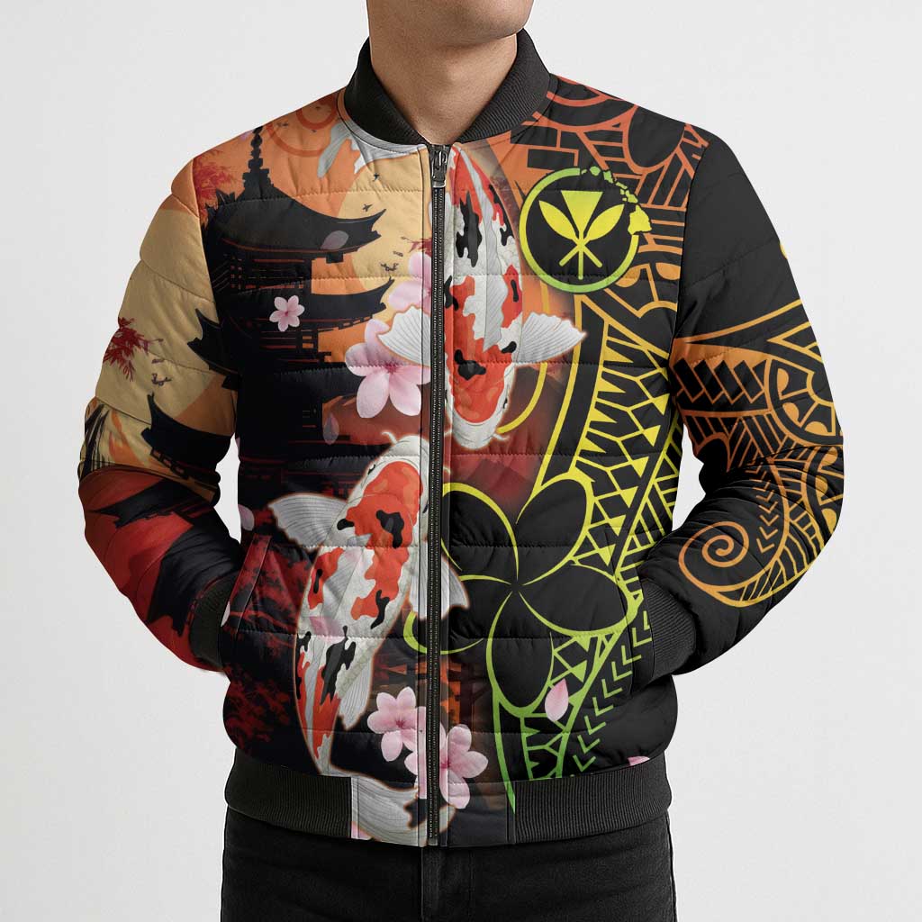 Hawaiian and Japanese Bomber Puffer Jacket Koi Fish With Kanaka Polynesian Tattoo - Wonder Print Shop
