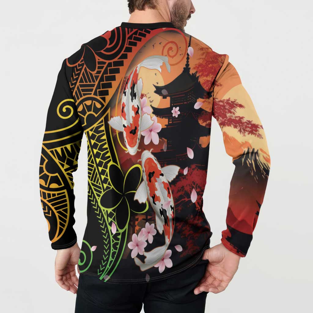 Hawaiian and Japanese Button Sweatshirt Koi Fish With Kanaka Polynesian Tattoo - Wonder Print Shop