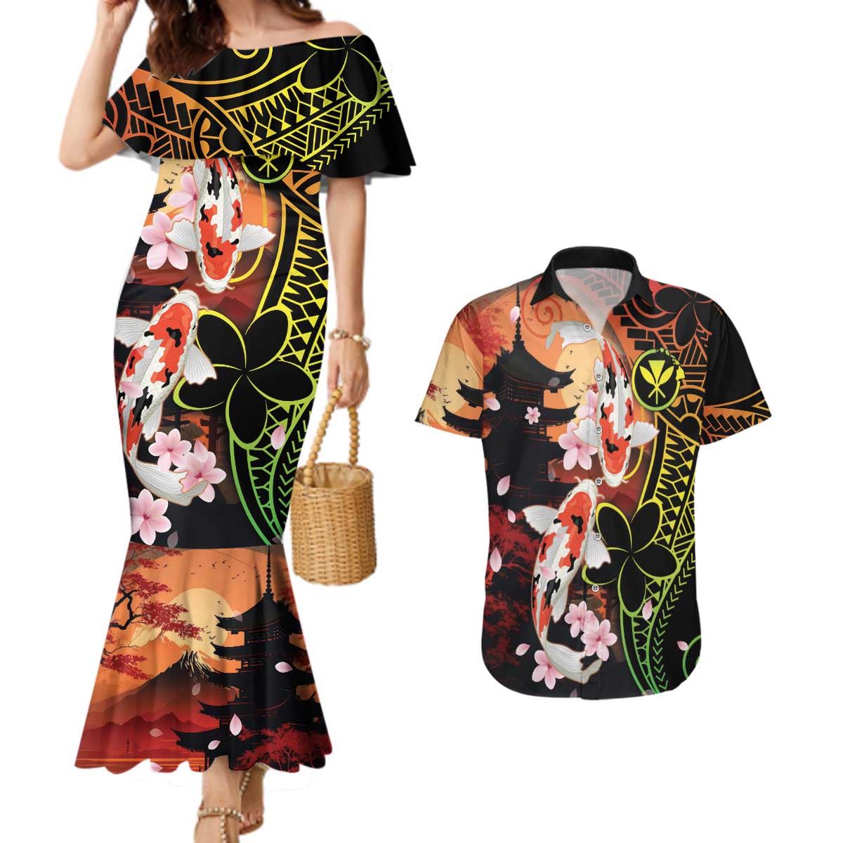 Hawaiian and Japanese Couples Matching Mermaid Dress and Hawaiian Shirt Koi Fish With Kanaka Polynesian Tattoo - Wonder Print Shop