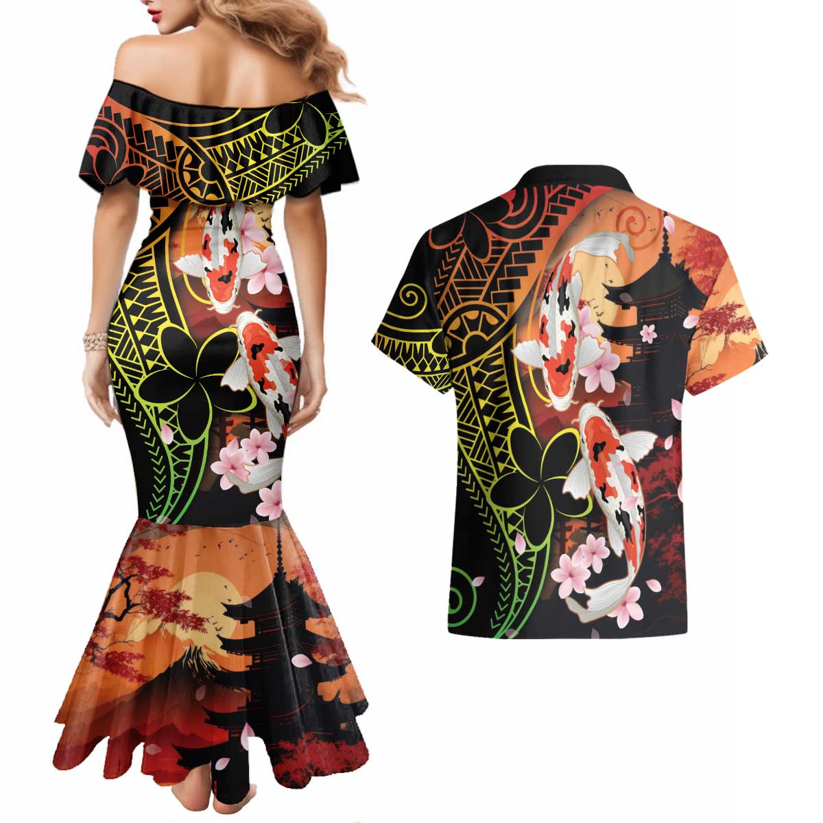 Hawaiian and Japanese Couples Matching Mermaid Dress and Hawaiian Shirt Koi Fish With Kanaka Polynesian Tattoo - Wonder Print Shop