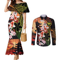 Hawaiian and Japanese Couples Matching Mermaid Dress and Long Sleeve Button Shirt Koi Fish With Kanaka Polynesian Tattoo - Wonder Print Shop