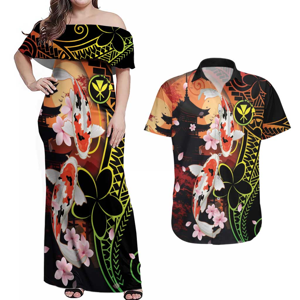Hawaiian and Japanese Couples Matching Off Shoulder Maxi Dress and Hawaiian Shirt Koi Fish With Kanaka Polynesian Tattoo - Wonder Print Shop