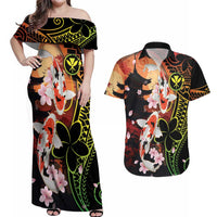 Hawaiian and Japanese Couples Matching Off Shoulder Maxi Dress and Hawaiian Shirt Koi Fish With Kanaka Polynesian Tattoo - Wonder Print Shop
