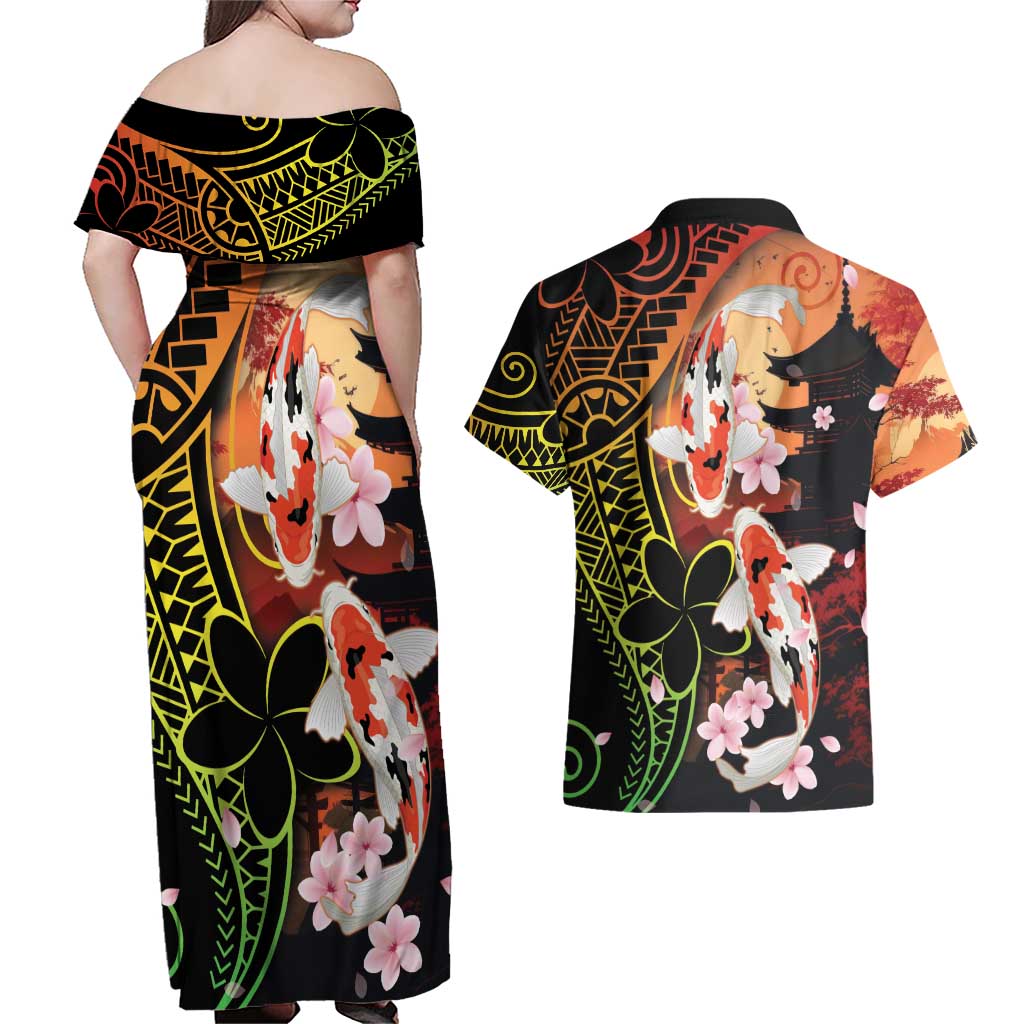 Hawaiian and Japanese Couples Matching Off Shoulder Maxi Dress and Hawaiian Shirt Koi Fish With Kanaka Polynesian Tattoo - Wonder Print Shop
