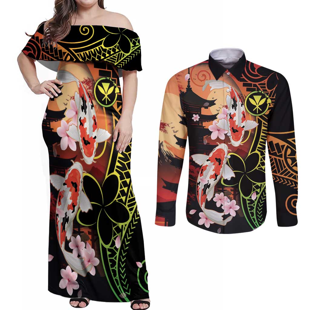 Hawaiian and Japanese Couples Matching Off Shoulder Maxi Dress and Long Sleeve Button Shirt Koi Fish With Kanaka Polynesian Tattoo - Wonder Print Shop
