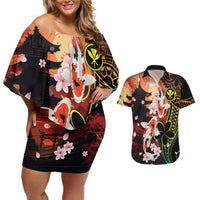 Hawaiian and Japanese Couples Matching Off Shoulder Short Dress and Hawaiian Shirt Koi Fish With Kanaka Polynesian Tattoo - Wonder Print Shop