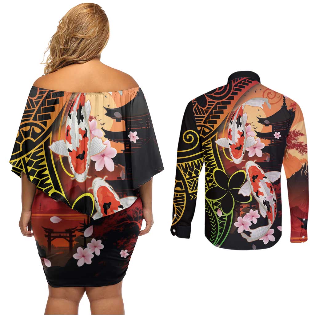 Hawaiian and Japanese Couples Matching Off Shoulder Short Dress and Long Sleeve Button Shirt Koi Fish With Kanaka Polynesian Tattoo - Wonder Print Shop