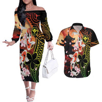 Hawaiian and Japanese Couples Matching Off The Shoulder Long Sleeve Dress and Hawaiian Shirt Koi Fish With Kanaka Polynesian Tattoo - Wonder Print Shop
