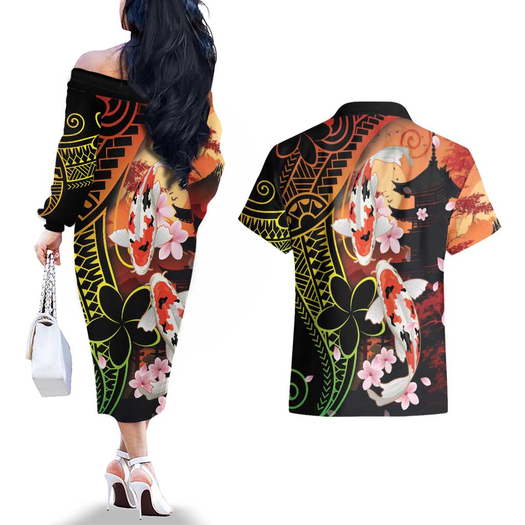 Hawaiian and Japanese Couples Matching Off The Shoulder Long Sleeve Dress and Hawaiian Shirt Koi Fish With Kanaka Polynesian Tattoo - Wonder Print Shop