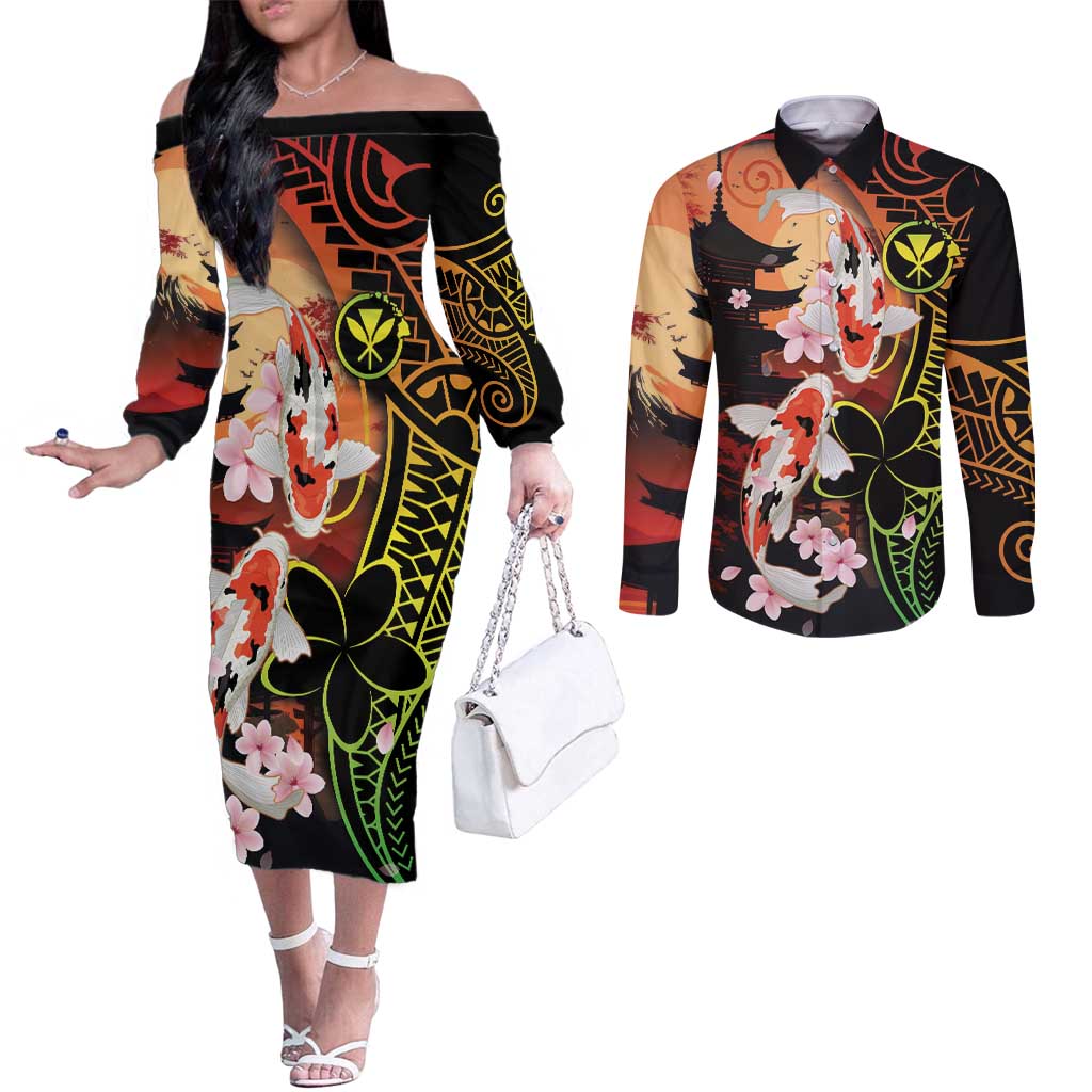 Hawaiian and Japanese Couples Matching Off The Shoulder Long Sleeve Dress and Long Sleeve Button Shirt Koi Fish With Kanaka Polynesian Tattoo - Wonder Print Shop