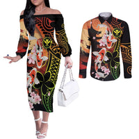 Hawaiian and Japanese Couples Matching Off The Shoulder Long Sleeve Dress and Long Sleeve Button Shirt Koi Fish With Kanaka Polynesian Tattoo - Wonder Print Shop