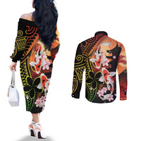 Hawaiian and Japanese Couples Matching Off The Shoulder Long Sleeve Dress and Long Sleeve Button Shirt Koi Fish With Kanaka Polynesian Tattoo - Wonder Print Shop