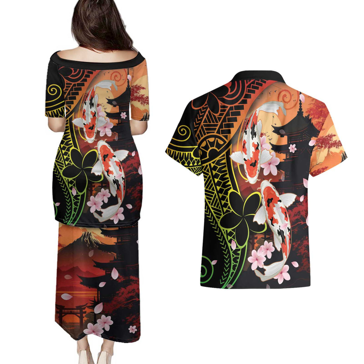 Hawaiian and Japanese Couples Matching Puletasi and Hawaiian Shirt Koi Fish With Kanaka Polynesian Tattoo - Wonder Print Shop