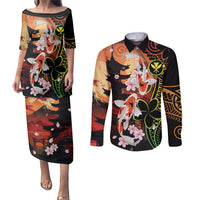 Hawaiian and Japanese Couples Matching Puletasi and Long Sleeve Button Shirt Koi Fish With Kanaka Polynesian Tattoo - Wonder Print Shop