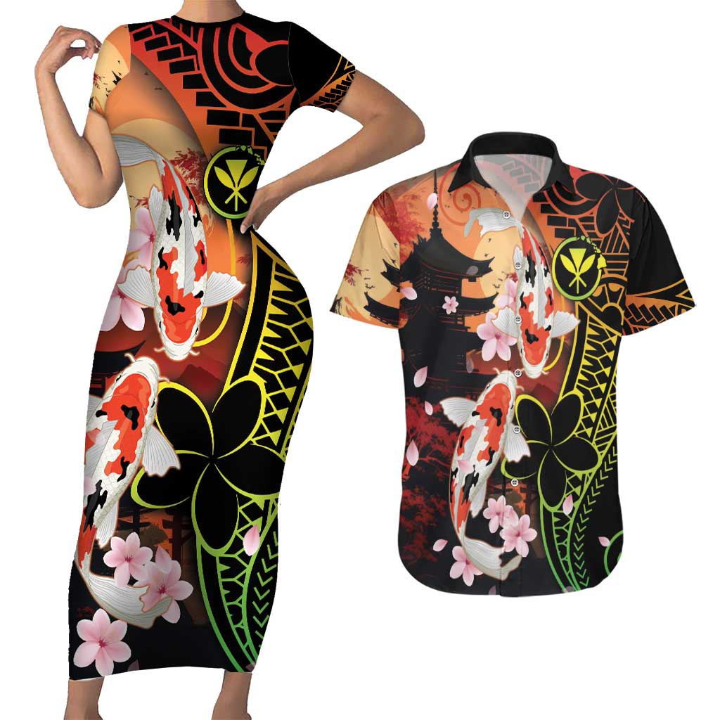 Hawaiian and Japanese Couples Matching Short Sleeve Bodycon Dress and Hawaiian Shirt Koi Fish With Kanaka Polynesian Tattoo - Wonder Print Shop