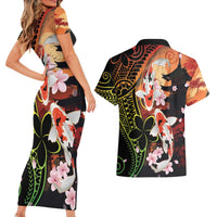 Hawaiian and Japanese Couples Matching Short Sleeve Bodycon Dress and Hawaiian Shirt Koi Fish With Kanaka Polynesian Tattoo - Wonder Print Shop