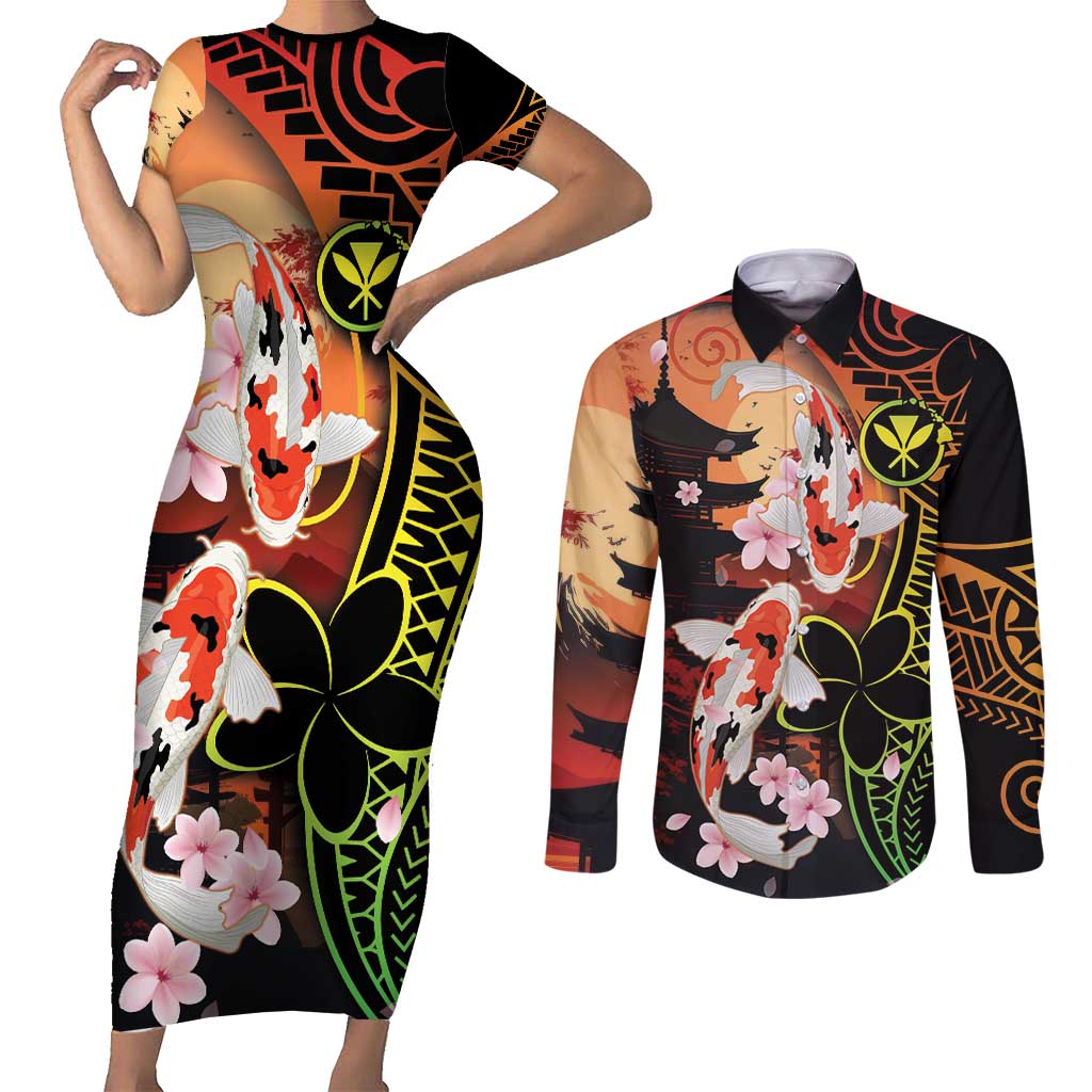 Hawaiian and Japanese Couples Matching Short Sleeve Bodycon Dress and Long Sleeve Button Shirt Koi Fish With Kanaka Polynesian Tattoo - Wonder Print Shop