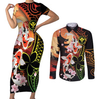 Hawaiian and Japanese Couples Matching Short Sleeve Bodycon Dress and Long Sleeve Button Shirt Koi Fish With Kanaka Polynesian Tattoo - Wonder Print Shop