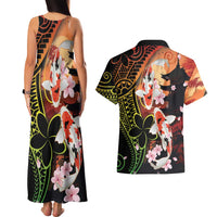 Hawaiian and Japanese Couples Matching Tank Maxi Dress and Hawaiian Shirt Koi Fish With Kanaka Polynesian Tattoo - Wonder Print Shop