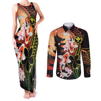 Hawaiian and Japanese Couples Matching Tank Maxi Dress and Long Sleeve Button Shirt Koi Fish With Kanaka Polynesian Tattoo - Wonder Print Shop