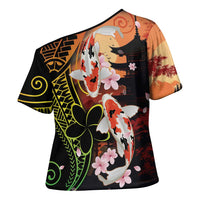 Hawaiian and Japanese Cross Shoulder Shirt Koi Fish With Kanaka Polynesian Tattoo - Wonder Print Shop