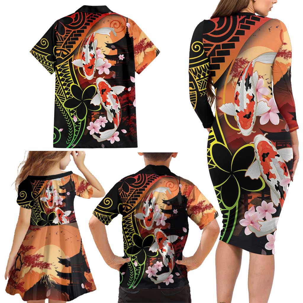 Hawaiian and Japanese Family Matching Long Sleeve Bodycon Dress and Hawaiian Shirt Koi Fish With Kanaka Polynesian Tattoo - Wonder Print Shop