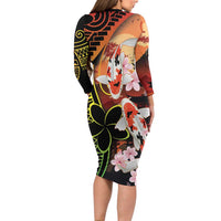 Hawaiian and Japanese Family Matching Long Sleeve Bodycon Dress and Hawaiian Shirt Koi Fish With Kanaka Polynesian Tattoo - Wonder Print Shop