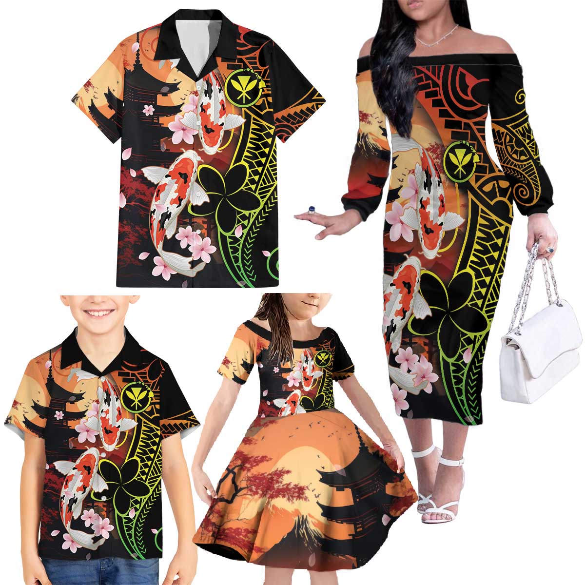 Hawaiian and Japanese Family Matching Off The Shoulder Long Sleeve Dress and Hawaiian Shirt Koi Fish With Kanaka Polynesian Tattoo - Wonder Print Shop