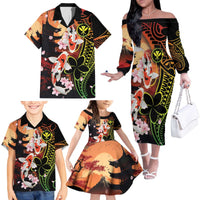 Hawaiian and Japanese Family Matching Off The Shoulder Long Sleeve Dress and Hawaiian Shirt Koi Fish With Kanaka Polynesian Tattoo - Wonder Print Shop