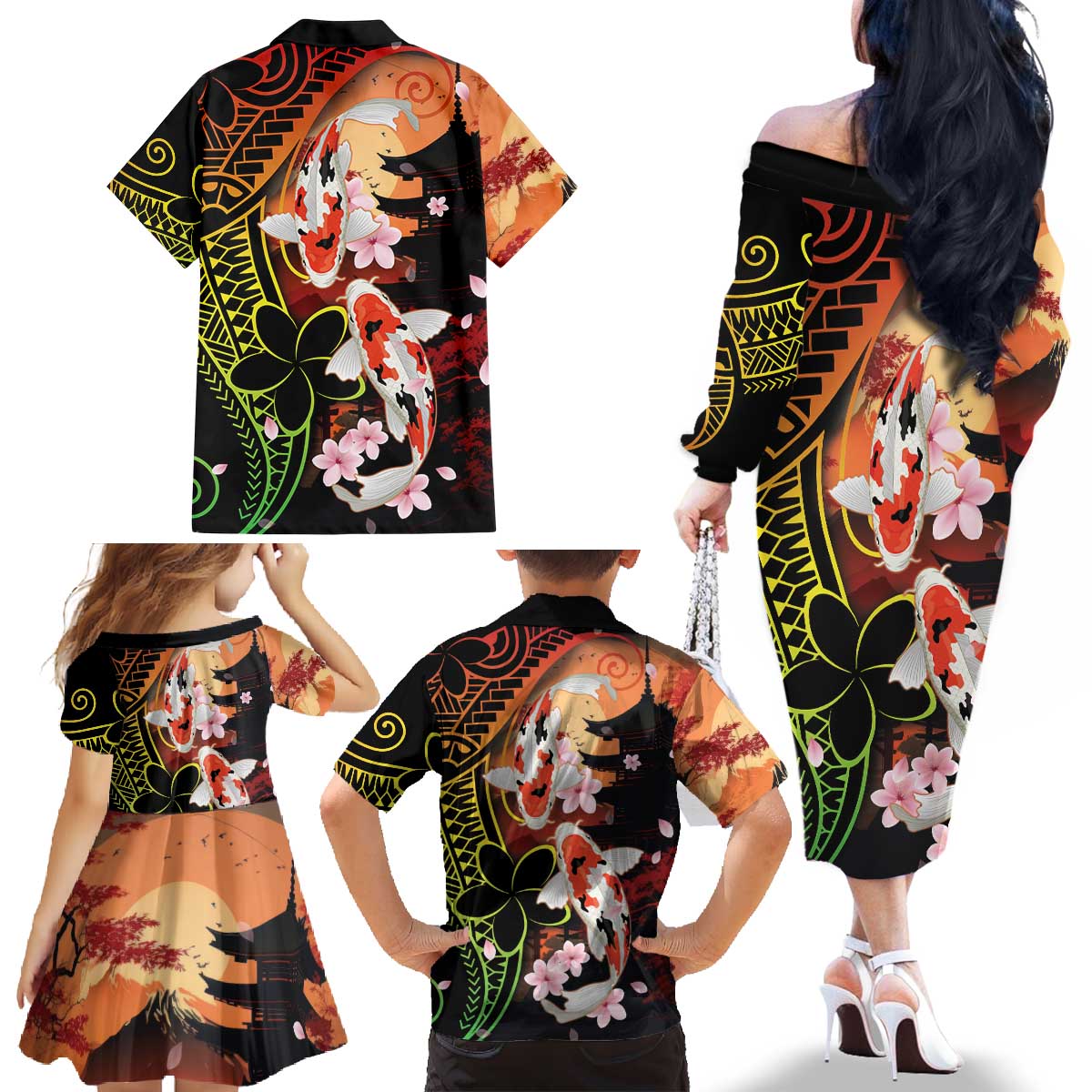 Hawaiian and Japanese Family Matching Off The Shoulder Long Sleeve Dress and Hawaiian Shirt Koi Fish With Kanaka Polynesian Tattoo - Wonder Print Shop