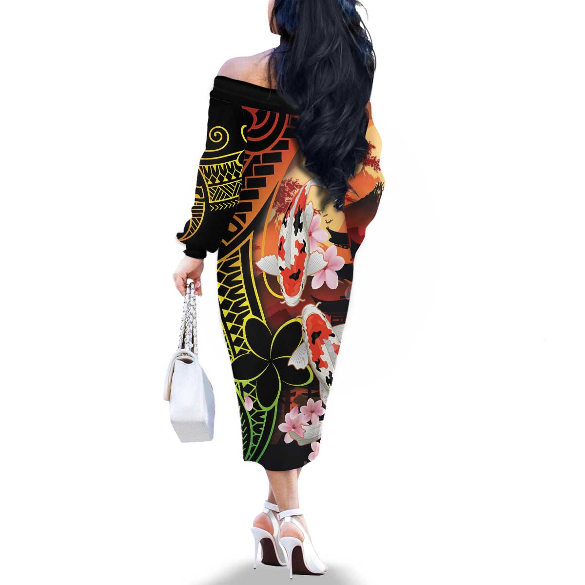 Hawaiian and Japanese Family Matching Off The Shoulder Long Sleeve Dress and Hawaiian Shirt Koi Fish With Kanaka Polynesian Tattoo - Wonder Print Shop