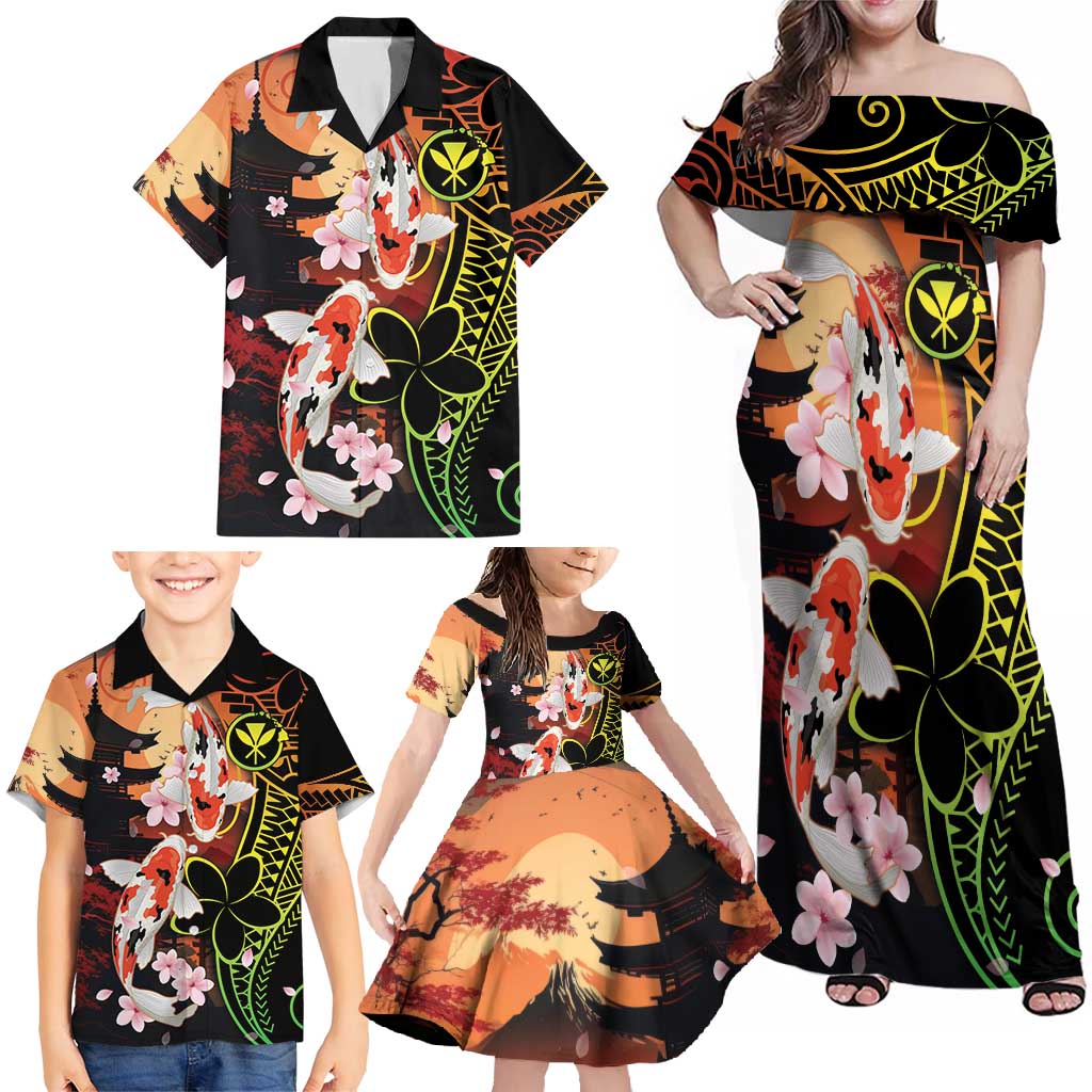 Hawaiian and Japanese Family Matching Off Shoulder Maxi Dress and Hawaiian Shirt Koi Fish With Kanaka Polynesian Tattoo - Wonder Print Shop