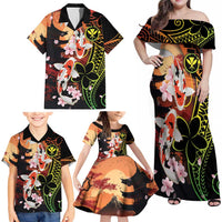 Hawaiian and Japanese Family Matching Off Shoulder Maxi Dress and Hawaiian Shirt Koi Fish With Kanaka Polynesian Tattoo - Wonder Print Shop