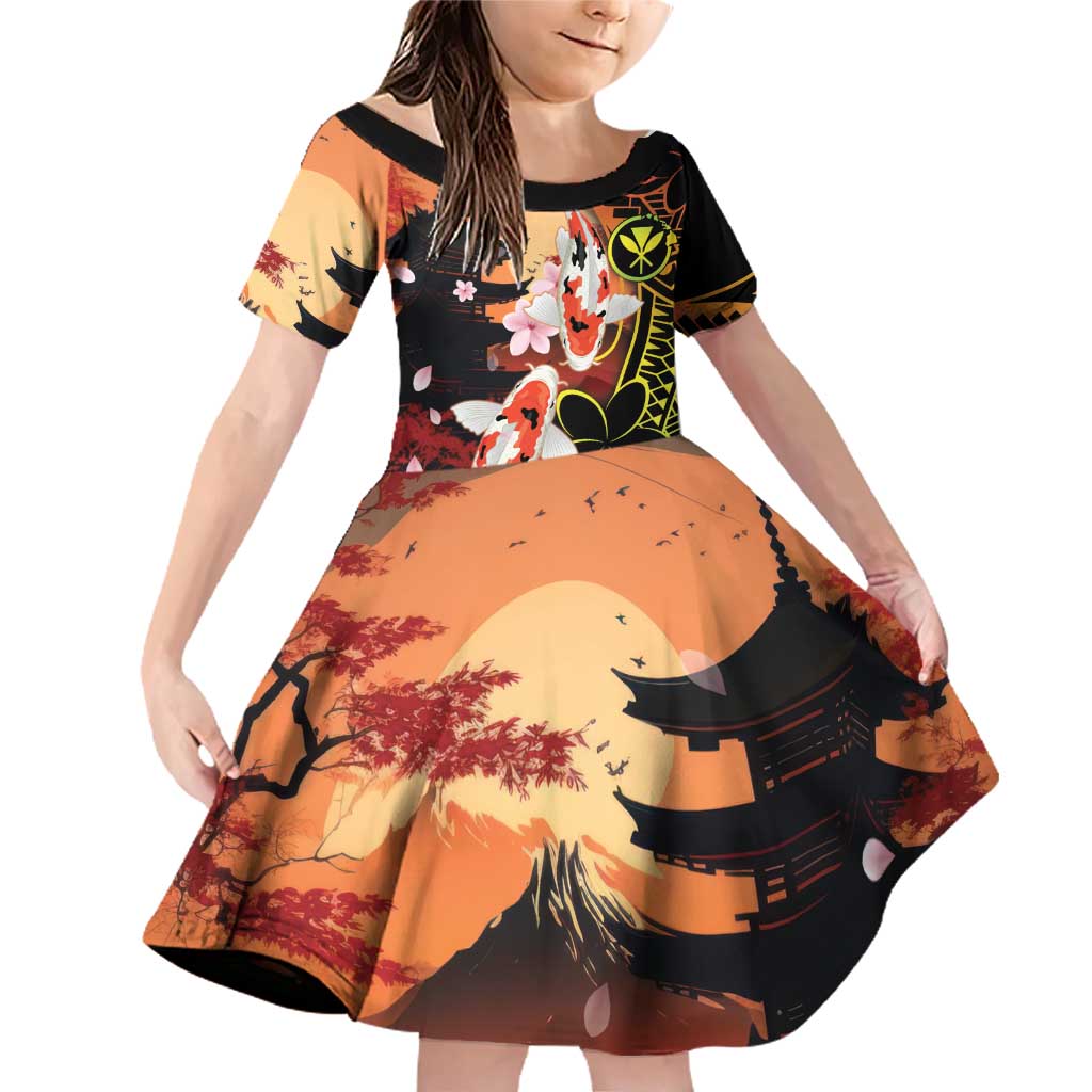 Hawaiian and Japanese Family Matching Off Shoulder Short Dress and Hawaiian Shirt Koi Fish With Kanaka Polynesian Tattoo - Wonder Print Shop