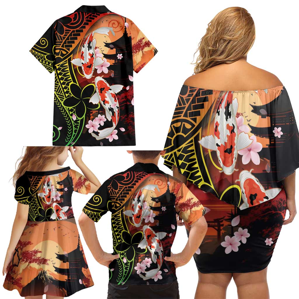 Hawaiian and Japanese Family Matching Off Shoulder Short Dress and Hawaiian Shirt Koi Fish With Kanaka Polynesian Tattoo - Wonder Print Shop