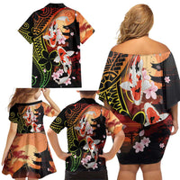 Hawaiian and Japanese Family Matching Off Shoulder Short Dress and Hawaiian Shirt Koi Fish With Kanaka Polynesian Tattoo - Wonder Print Shop