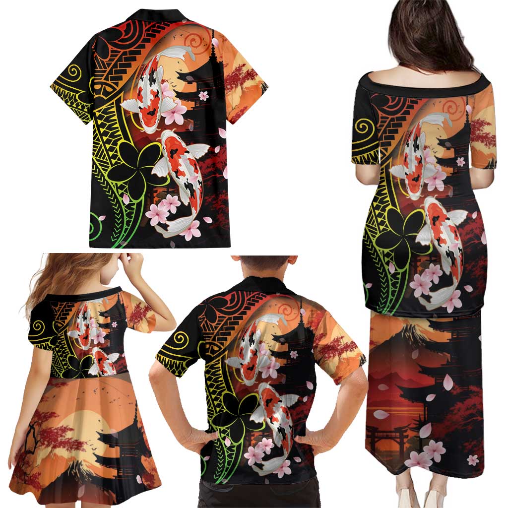 Hawaiian and Japanese Family Matching Puletasi and Hawaiian Shirt Koi Fish With Kanaka Polynesian Tattoo - Wonder Print Shop