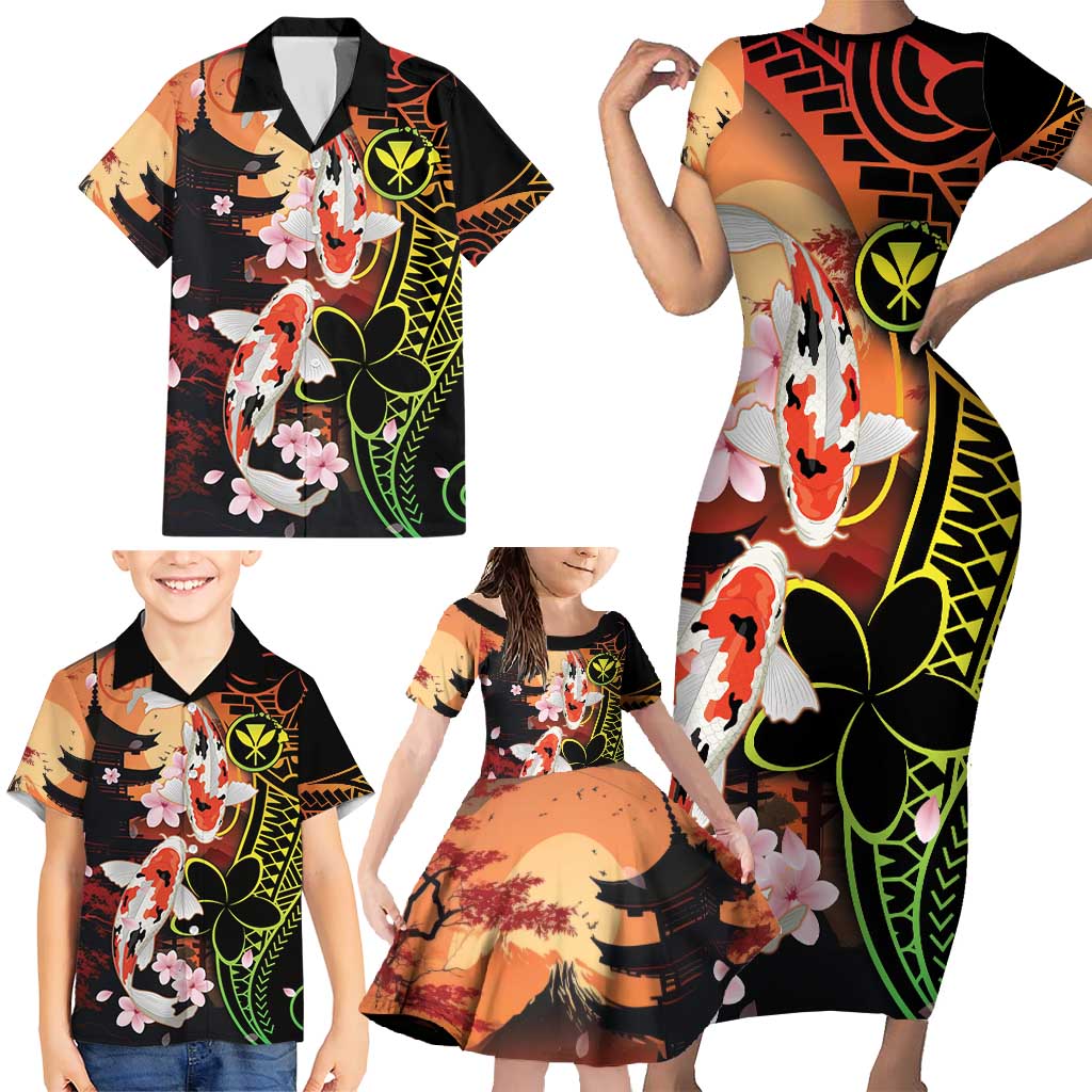 Hawaiian and Japanese Family Matching Short Sleeve Bodycon Dress and Hawaiian Shirt Koi Fish With Kanaka Polynesian Tattoo - Wonder Print Shop