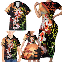 Hawaiian and Japanese Family Matching Short Sleeve Bodycon Dress and Hawaiian Shirt Koi Fish With Kanaka Polynesian Tattoo - Wonder Print Shop