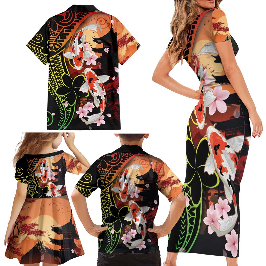 Hawaiian and Japanese Family Matching Short Sleeve Bodycon Dress and Hawaiian Shirt Koi Fish With Kanaka Polynesian Tattoo - Wonder Print Shop