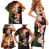 Hawaiian and Japanese Family Matching Short Sleeve Bodycon Dress and Hawaiian Shirt Koi Fish With Kanaka Polynesian Tattoo - Wonder Print Shop