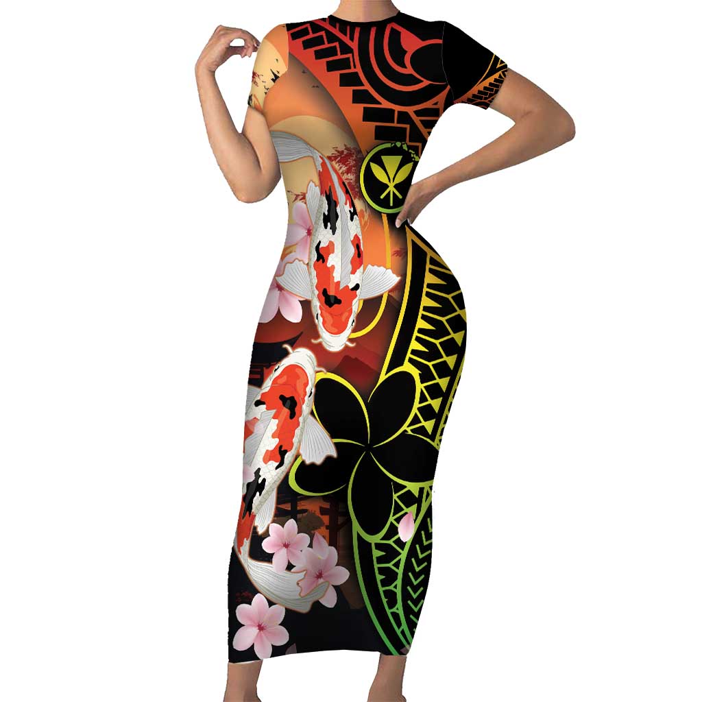 Hawaiian and Japanese Family Matching Short Sleeve Bodycon Dress and Hawaiian Shirt Koi Fish With Kanaka Polynesian Tattoo - Wonder Print Shop