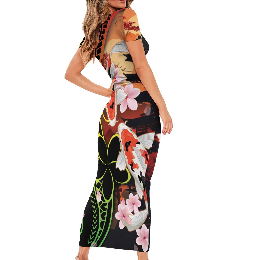 Hawaiian and Japanese Family Matching Short Sleeve Bodycon Dress and Hawaiian Shirt Koi Fish With Kanaka Polynesian Tattoo - Wonder Print Shop