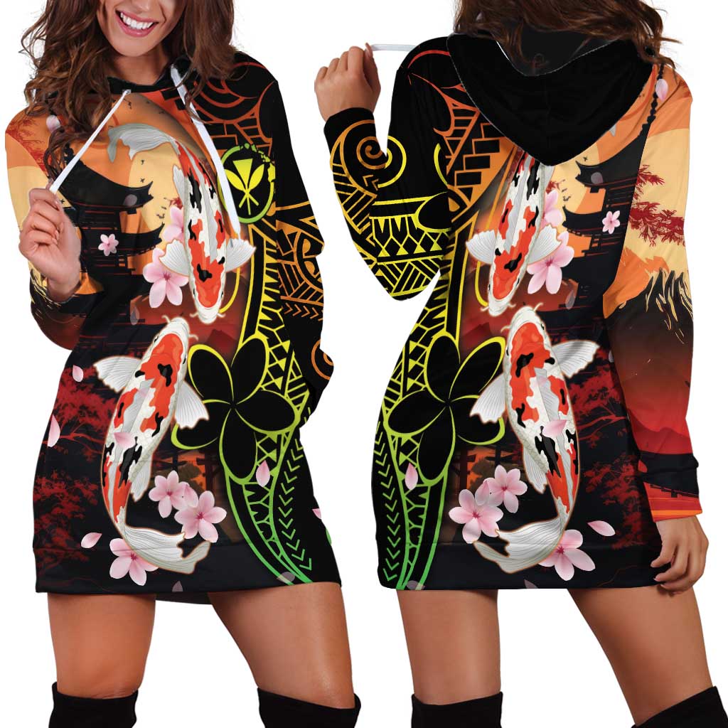 Hawaiian and Japanese Hoodie Dress Koi Fish With Kanaka Polynesian Tattoo - Wonder Print Shop