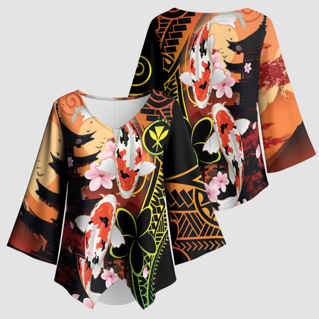 Hawaiian and Japanese Kimono Sleeve Blouse Koi Fish With Kanaka Polynesian Tattoo - Wonder Print Shop