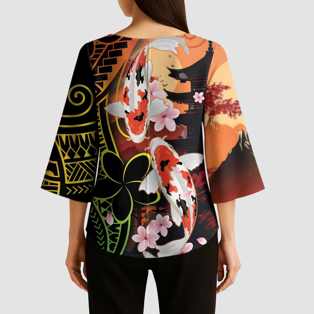 Hawaiian and Japanese Kimono Sleeve Blouse Koi Fish With Kanaka Polynesian Tattoo - Wonder Print Shop