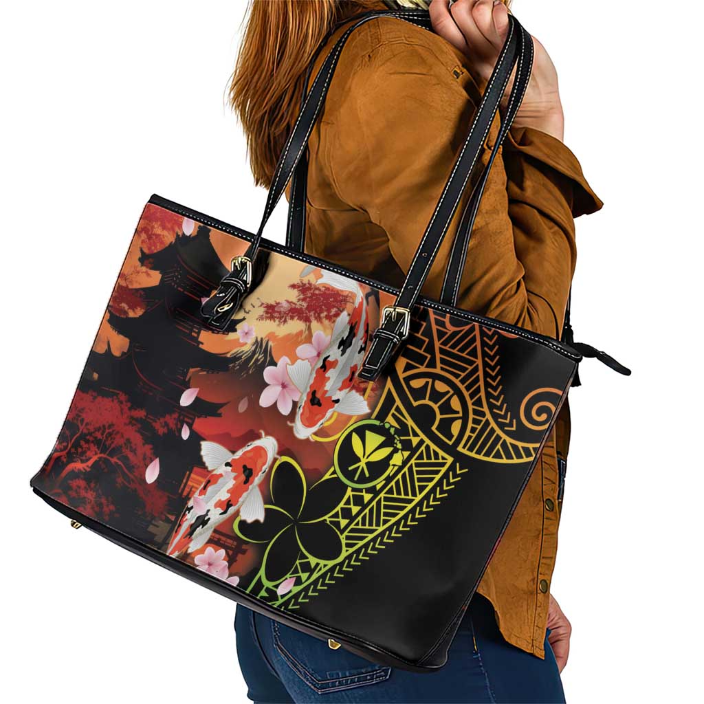 Hawaiian and Japanese Leather Tote Bag Koi Fish With Kanaka Polynesian Tattoo - Wonder Print Shop