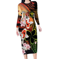 Hawaiian and Japanese Long Sleeve Bodycon Dress Koi Fish With Kanaka Polynesian Tattoo - Wonder Print Shop