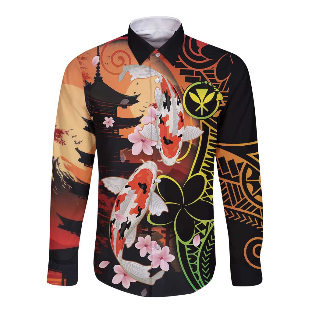 Hawaiian and Japanese Long Sleeve Button Shirt Koi Fish With Kanaka Polynesian Tattoo - Wonder Print Shop