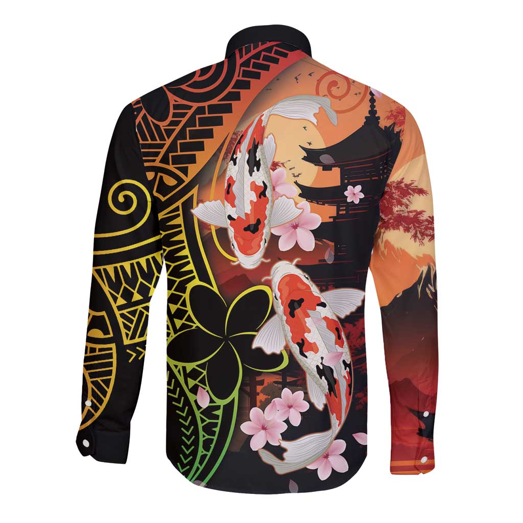 Hawaiian and Japanese Long Sleeve Button Shirt Koi Fish With Kanaka Polynesian Tattoo - Wonder Print Shop
